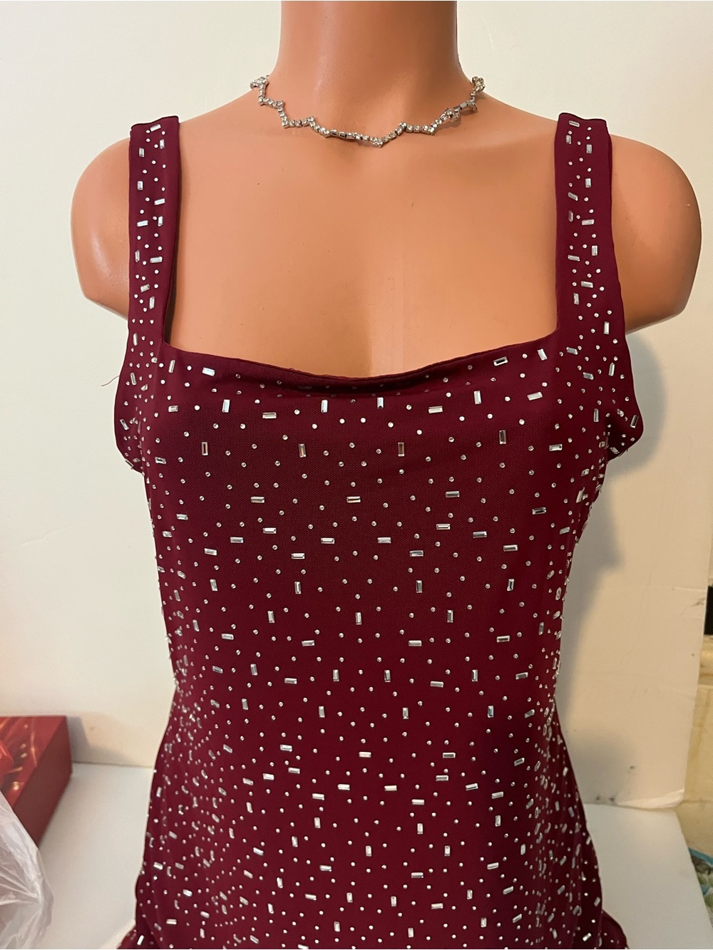 Women's Burgundy Beaded Square-Neck Dress